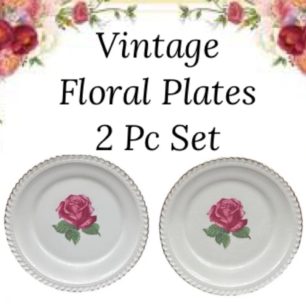 Vintage Floral Plates Harkerware China Rose 2 Pc Plate Set Cottage Pink Ivory